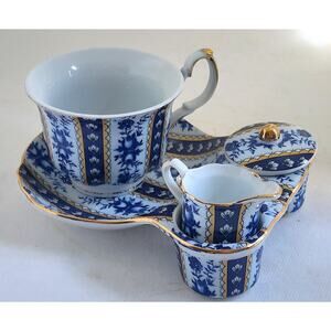 Tea Cup Set-Tray-Blue & White Porcelain-Sorelle-Creamer/Lidded Sugar-Gold Trim